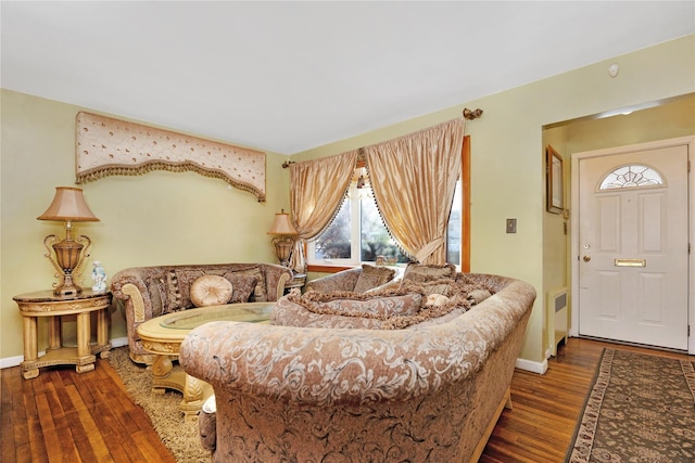 living room featuring radiator heating unit and hardwood / wood-style floors