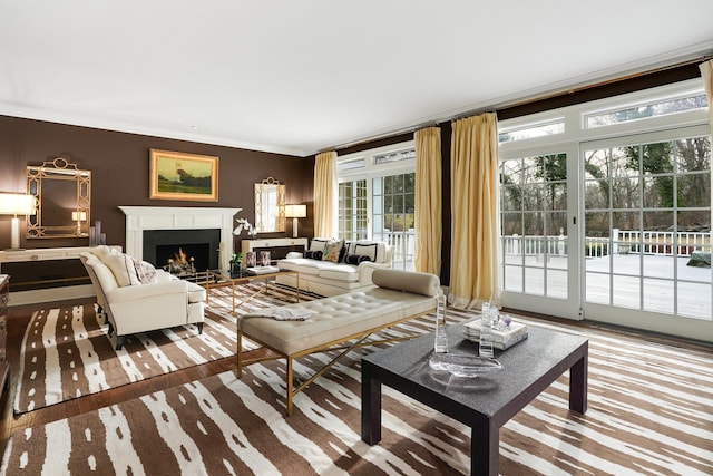 living room with light hardwood / wood-style flooring and crown molding