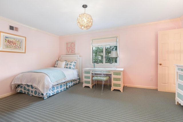 bedroom featuring dark colored carpet and ornamental molding