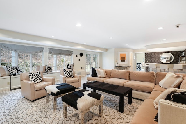 living room with light carpet