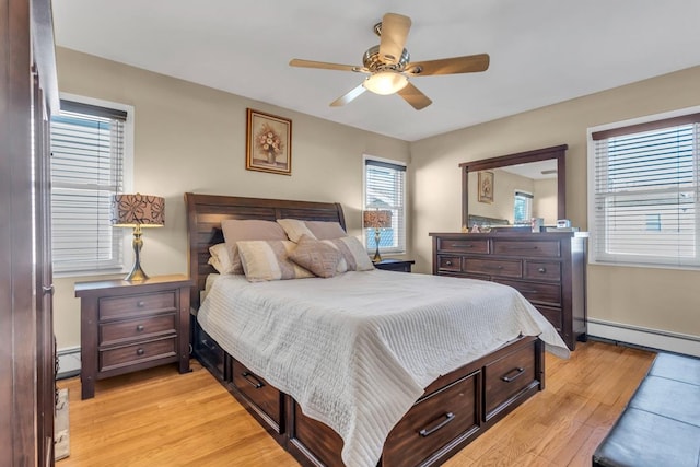 bedroom featuring light wood-type flooring, ceiling fan, and a baseboard radiator