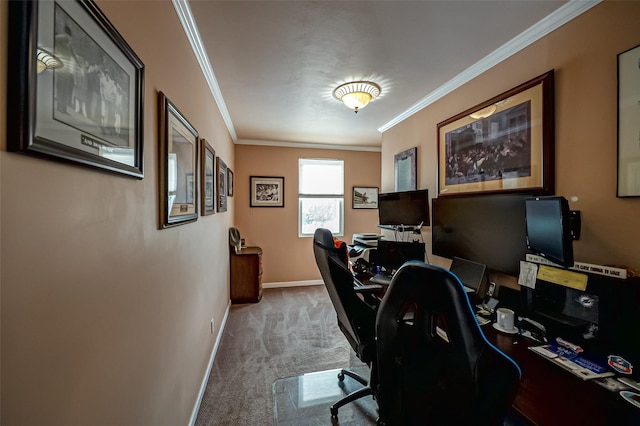 carpeted office space featuring ornamental molding