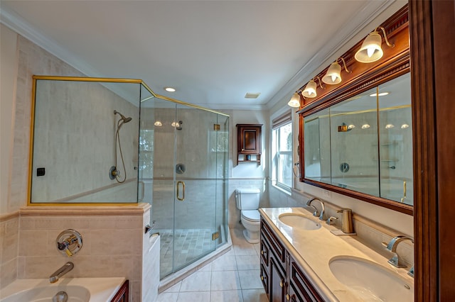 full bathroom featuring plus walk in shower, vanity, tile patterned floors, and ornamental molding