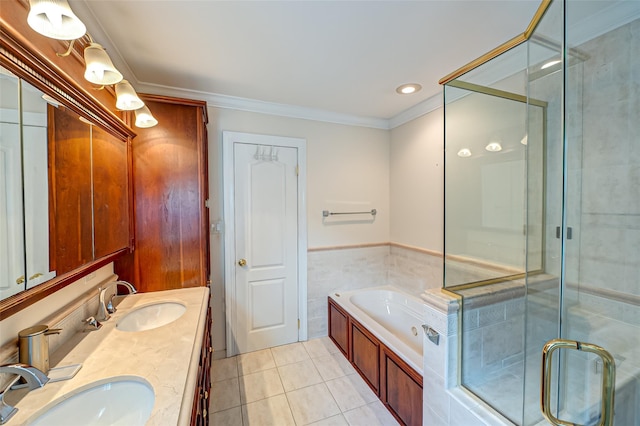 bathroom with crown molding, tile patterned floors, separate shower and tub, and vanity