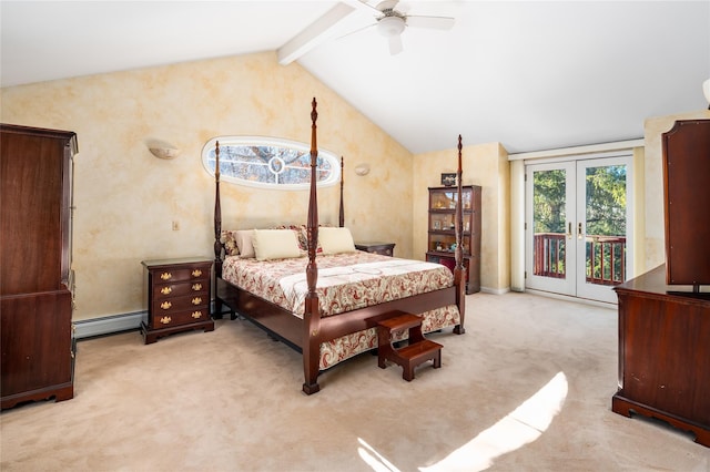 carpeted bedroom featuring ceiling fan, baseboard heating, vaulted ceiling with beams, access to outside, and french doors