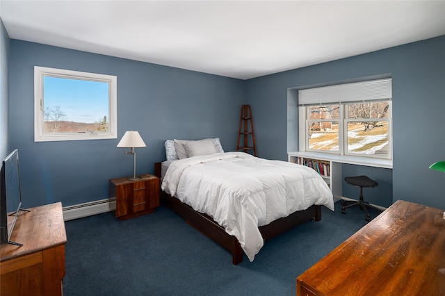 bedroom featuring dark carpet and a baseboard heating unit