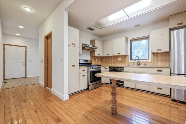 kitchen with sink, light hardwood / wood-style flooring, white cabinets, and appliances with stainless steel finishes