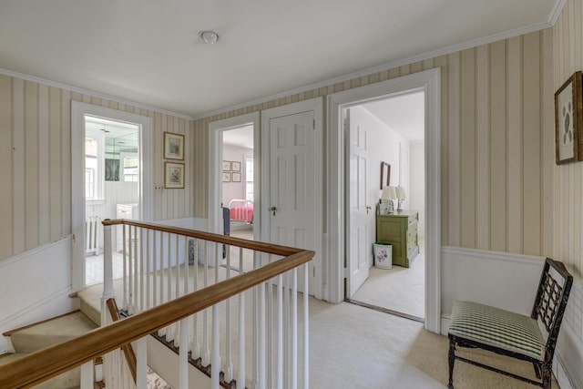 corridor featuring ornamental molding and light carpet