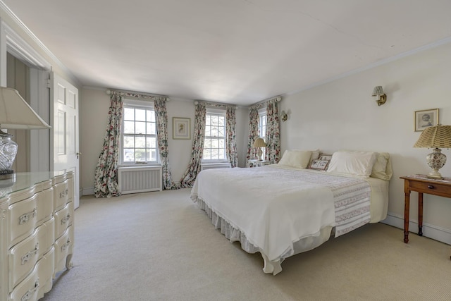 carpeted bedroom with radiator and crown molding