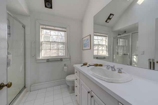 bathroom with an enclosed shower, vanity, lofted ceiling, and toilet