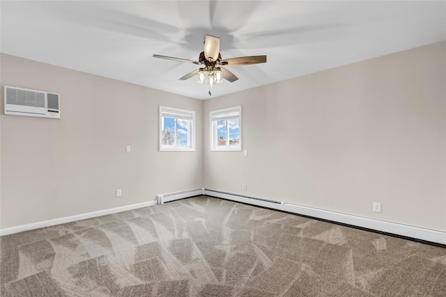 carpeted spare room featuring a baseboard heating unit, an AC wall unit, and ceiling fan