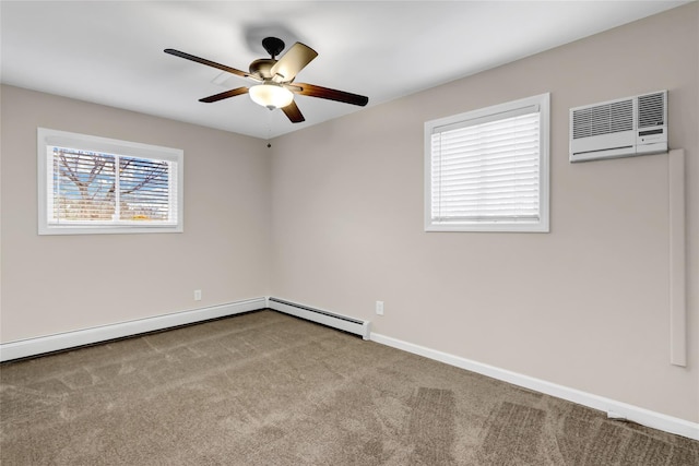 carpeted spare room featuring a wall unit AC, a baseboard heating unit, and ceiling fan