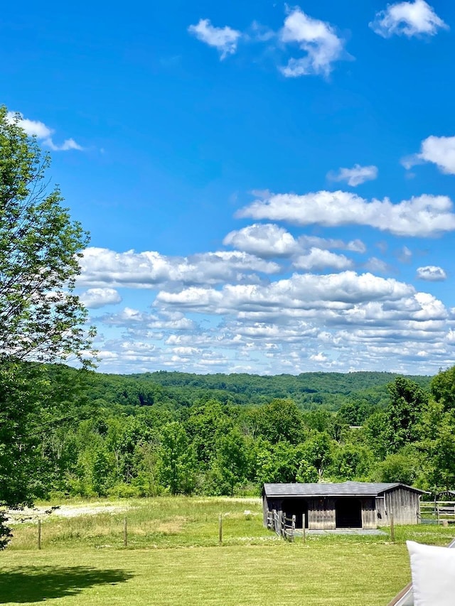 view of yard featuring a view of trees, a carport, an outdoor structure, and a pole building