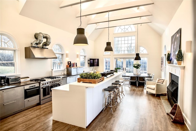 kitchen with extractor fan, a kitchen island, hanging light fixtures, appliances with stainless steel finishes, and a kitchen breakfast bar