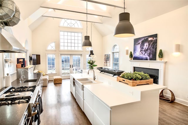 kitchen featuring pendant lighting, plenty of natural light, stainless steel range with gas cooktop, and a kitchen island with sink