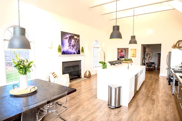 kitchen featuring light wood-style flooring, track lighting, stainless steel stove, a fireplace, and hanging light fixtures