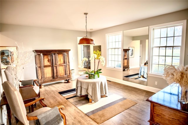 interior space featuring visible vents, radiator, wood finished floors, and baseboards