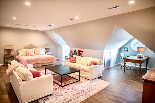 interior space featuring lofted ceiling and dark wood-type flooring