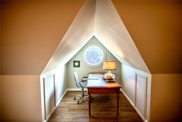 office area featuring lofted ceiling and wood-type flooring