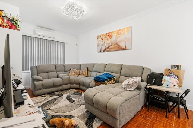 living room with an inviting chandelier, a wall unit AC, crown molding, and parquet floors