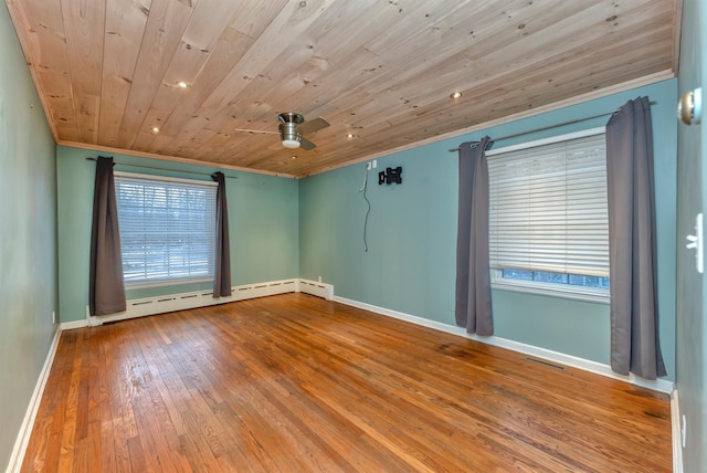 spare room with wood ceiling, baseboard heating, ornamental molding, ceiling fan, and hardwood / wood-style floors