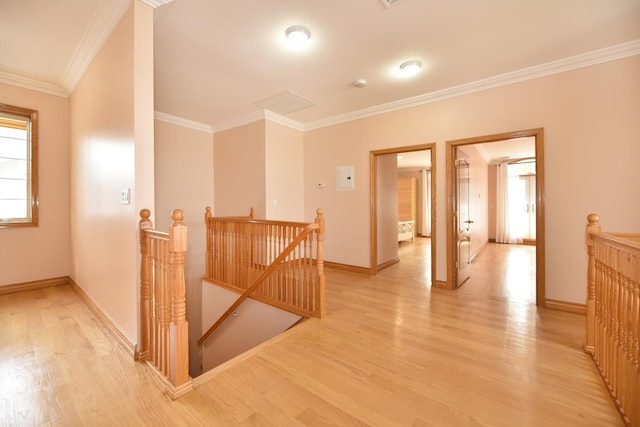 hallway featuring crown molding and light wood-type flooring