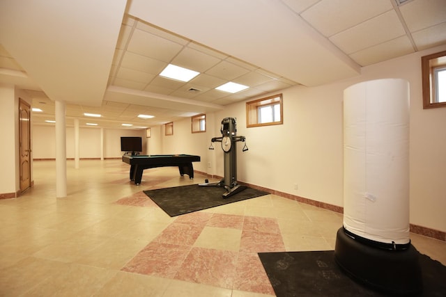 workout room featuring pool table and a drop ceiling