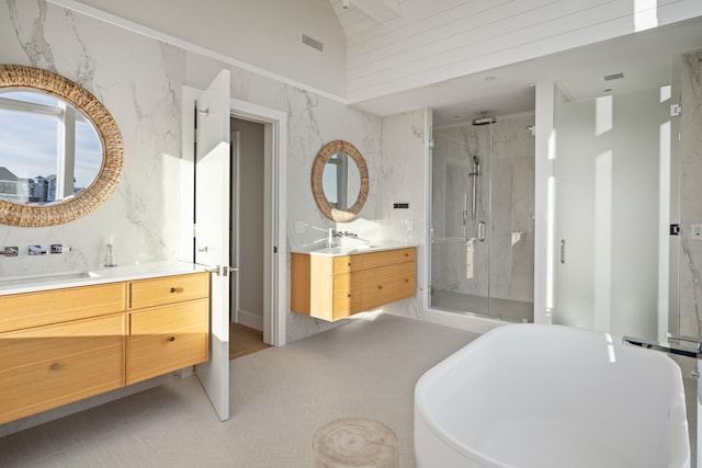 bathroom featuring high vaulted ceiling, shower with separate bathtub, and vanity