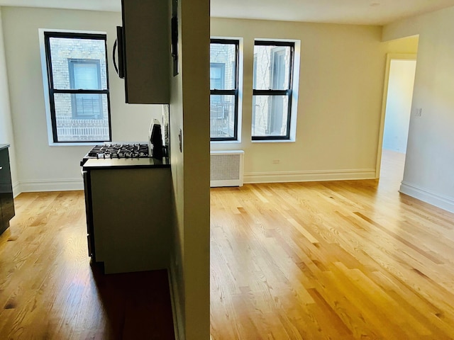 kitchen with radiator, a wealth of natural light, stove, and light hardwood / wood-style flooring