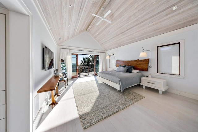 bedroom with hardwood / wood-style floors, access to outside, wood ceiling, and vaulted ceiling