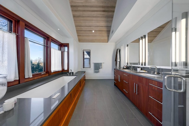 bathroom with tile patterned floors, vanity, lofted ceiling, and wood ceiling