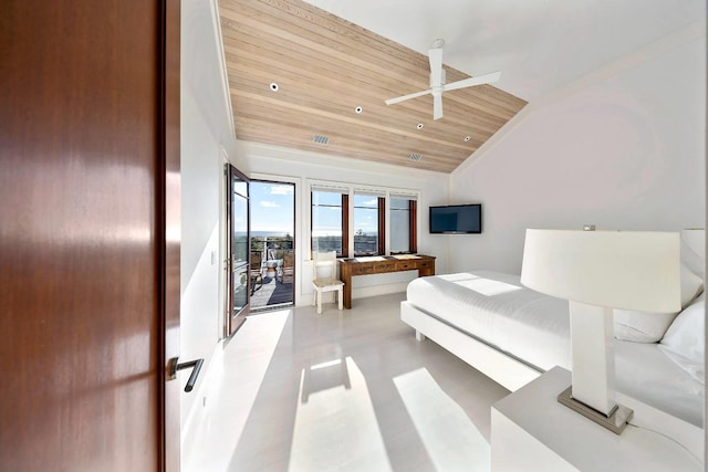 bedroom with access to outside, wood ceiling, and lofted ceiling