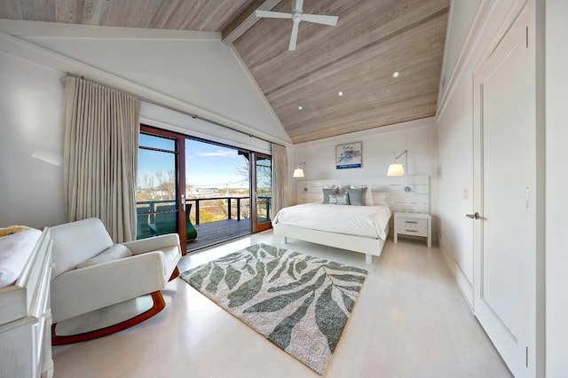 bedroom with access to outside, lofted ceiling with beams, light wood-type flooring, and wooden ceiling