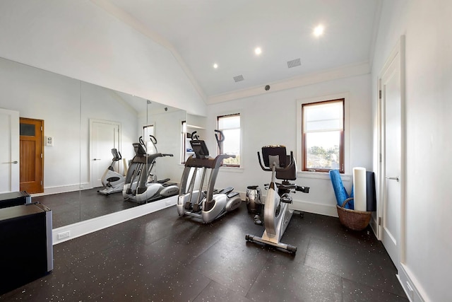 workout area featuring lofted ceiling