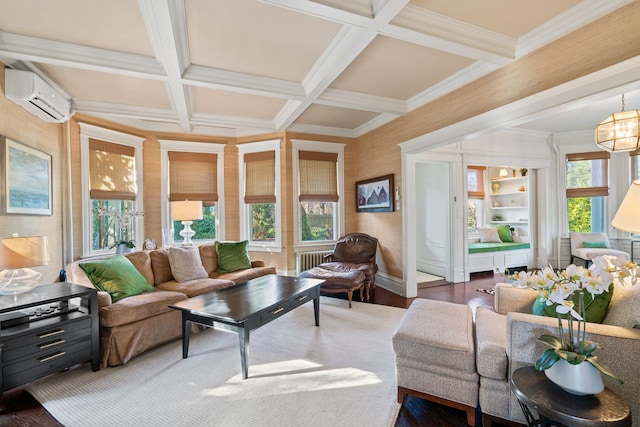 living room featuring dark hardwood / wood-style flooring, beamed ceiling, a notable chandelier, a wall mounted AC, and coffered ceiling