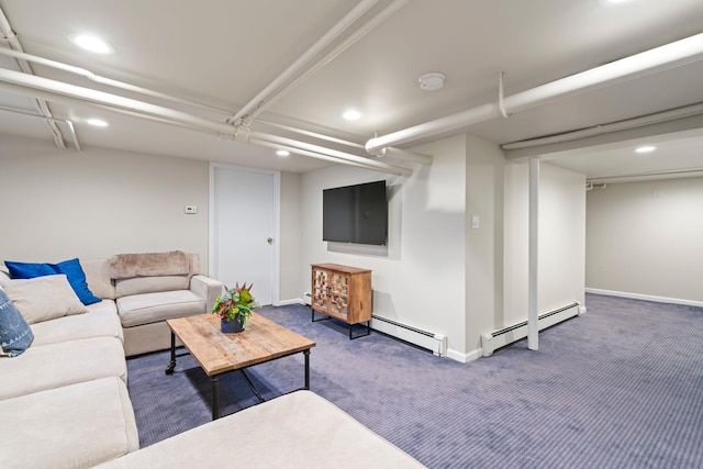 carpeted living room with a baseboard heating unit