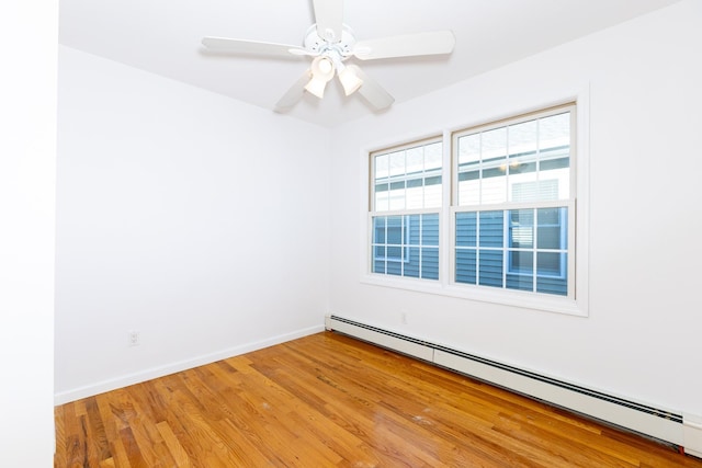 unfurnished room with light hardwood / wood-style floors, a baseboard radiator, and ceiling fan