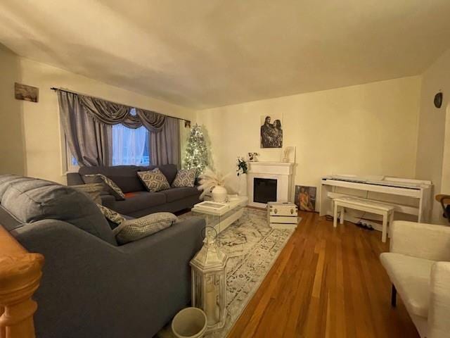 living room with dark hardwood / wood-style floors