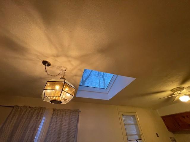 interior details featuring ceiling fan and a skylight