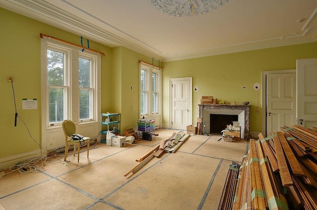 miscellaneous room featuring a fireplace and crown molding