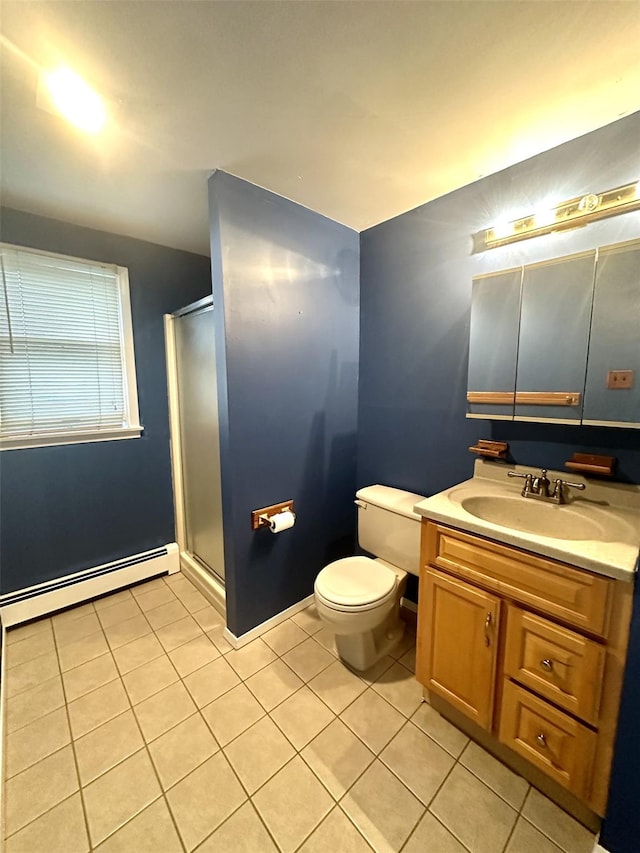 bathroom with a shower with shower door, toilet, tile patterned floors, vanity, and baseboard heating