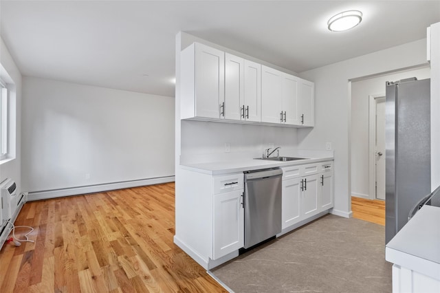 kitchen with light hardwood / wood-style floors, sink, stainless steel appliances, white cabinets, and baseboard heating