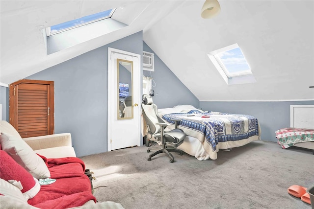 carpeted bedroom with lofted ceiling with skylight