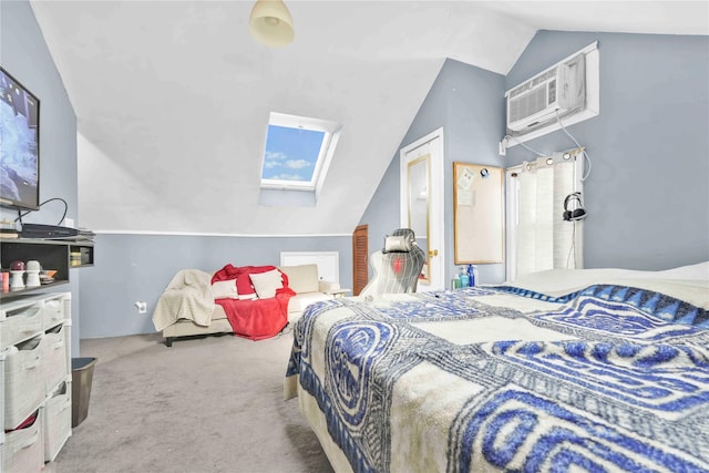 bedroom featuring lofted ceiling with skylight, carpet floors, and a wall unit AC