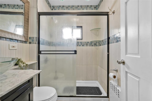 bathroom with vanity, toilet, and walk in shower