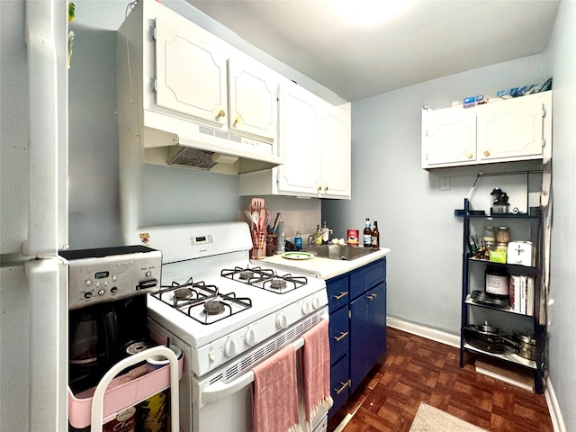 kitchen with sink, white cabinetry, white gas range, dark parquet floors, and blue cabinetry