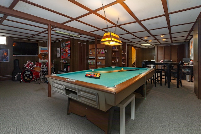 recreation room with billiards, wood walls, and light colored carpet