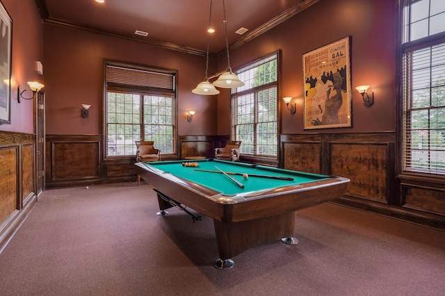 rec room featuring pool table, ornamental molding, and carpet flooring