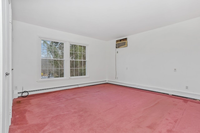 unfurnished room with a baseboard radiator, carpet, and a wall unit AC