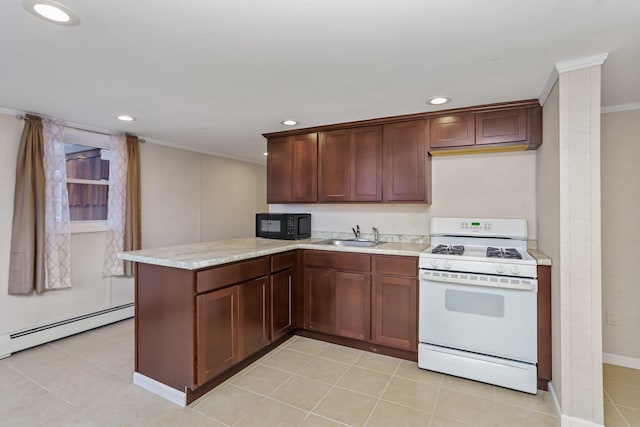 kitchen featuring sink, light tile patterned floors, baseboard heating, white range with gas cooktop, and kitchen peninsula